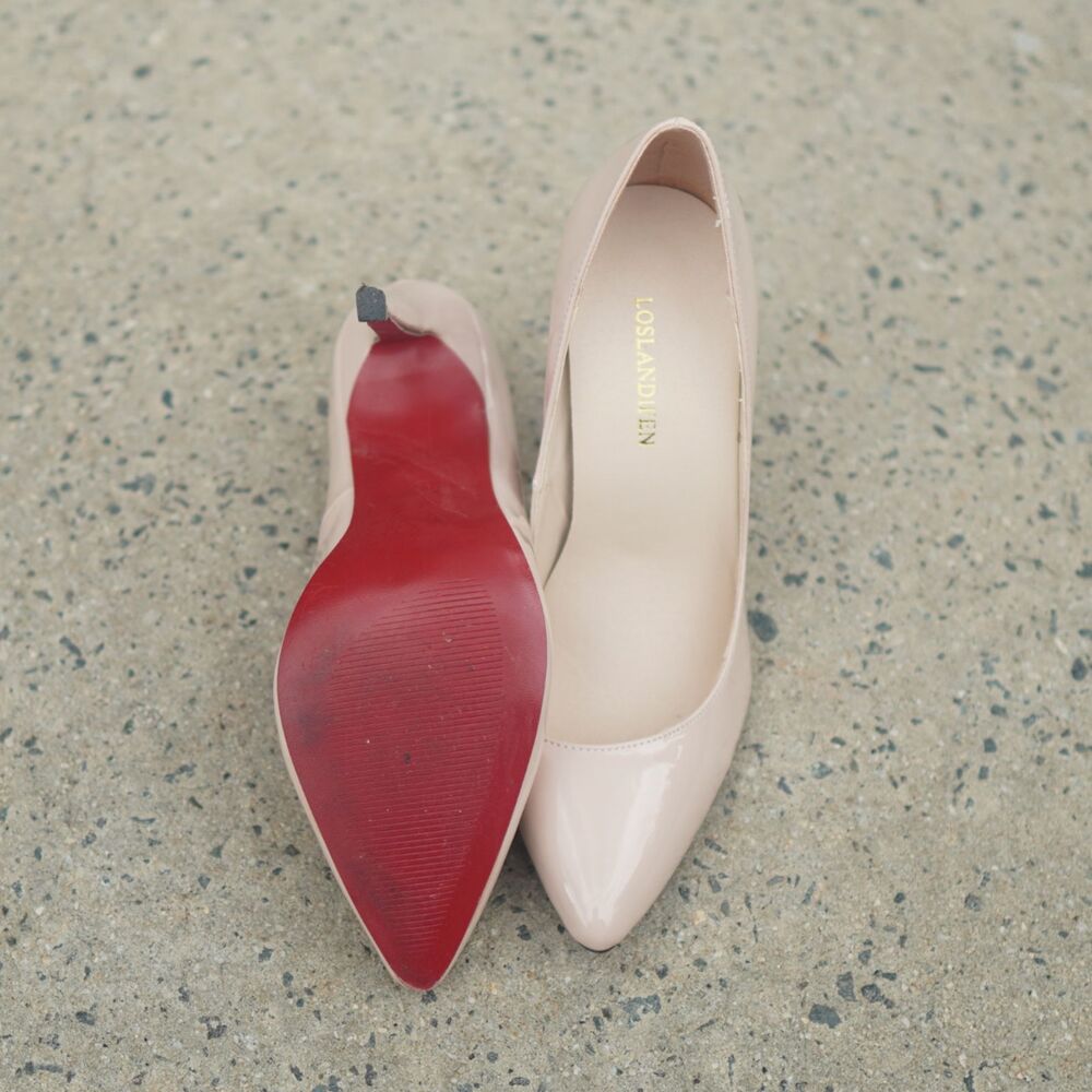 Women Nude Glossy Patent Pointed Toe Stiletto Pumps Size 38 Red Bottom Heels 4.5